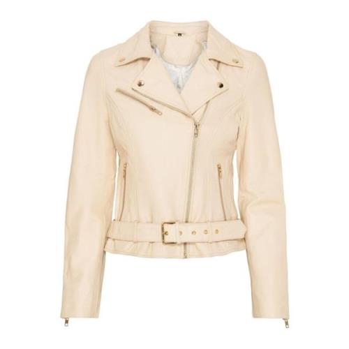 Notyz Biker Jacket Skind Ivory Light Gold Beige, Dam