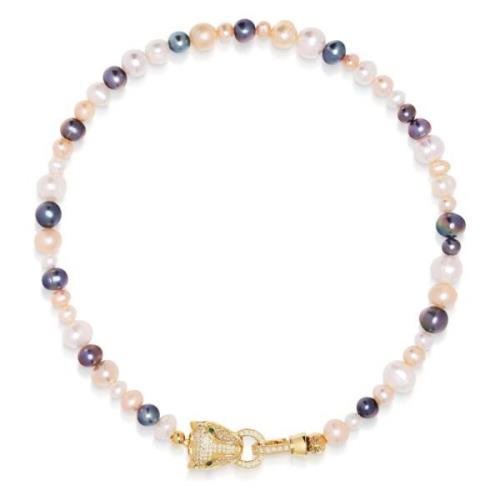 Nialaya Womens Multi-Colored Pearl Choker with Gold Panther Head Yello...