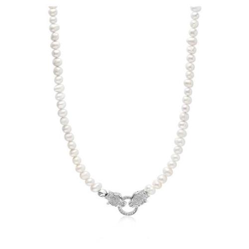 Nialaya Pearl Choker with Double Panther Head in Silver Gray, Herr