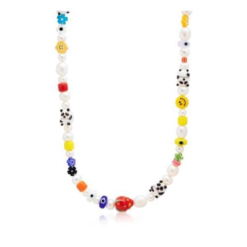 Nialaya Mens Panda Pearl Choker with Assorted Beads Yellow, Herr