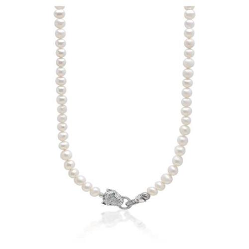 Nialaya White Pearl Necklace with Silver Panther Head Lock White, Herr