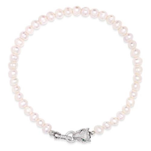 Nialaya Womens Pearl Choker with Silver Panther Head Gray, Dam