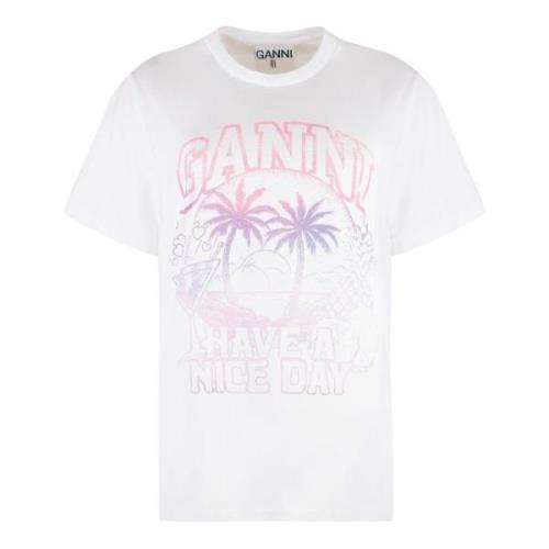 Ganni Ribbad Bomull Crew-Neck T-shirt White, Dam