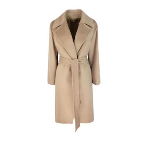 Max Mara Studio Ull Wrap Kappa med Bälte Beige, Dam