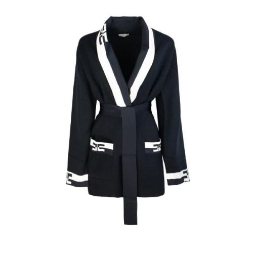 Elisabetta Franchi Svart Cardigan med Bicolor Logo Band Black, Dam