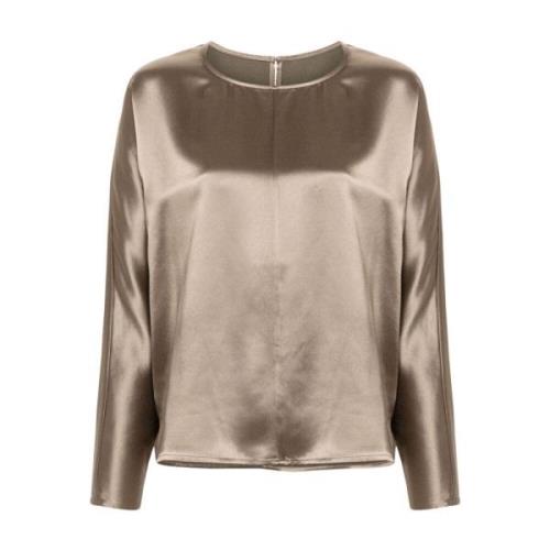 By Malene Birger Silk-touch Blus med U-ringning Brown, Dam