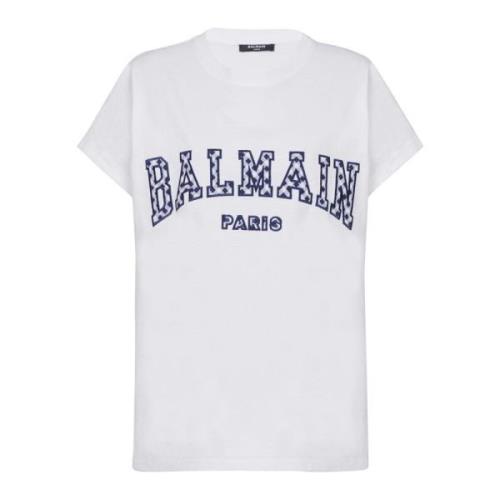 Balmain T-shirt med gingham mönster i Paris design White, Dam