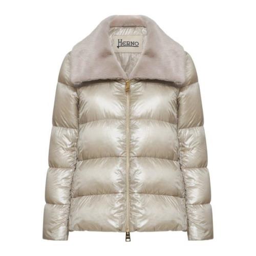 Herno Quiltad Nylon Dunbomberjacka med Fuskpälskrage Beige, Dam