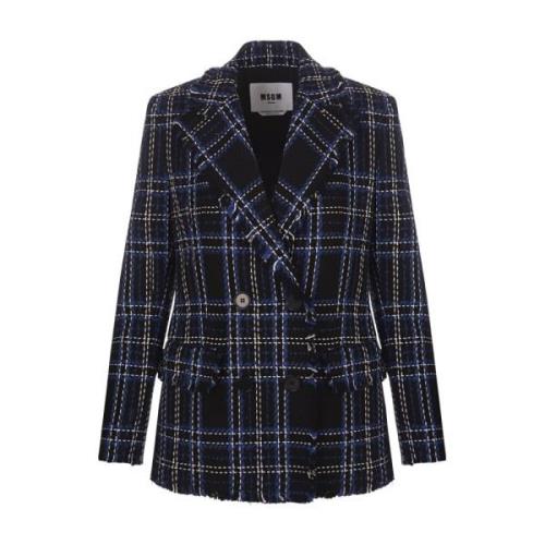 Msgm Blå Ull Tweed Dubbelknäppt Blazer Blue, Dam