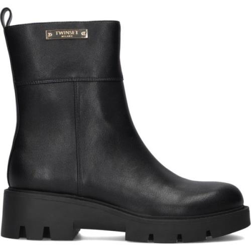 Twinset Svarta Ankelboots med Guld Emblem Black, Dam