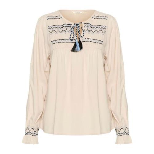 Cream Feminin Blus med Broderade Detaljer Beige, Dam