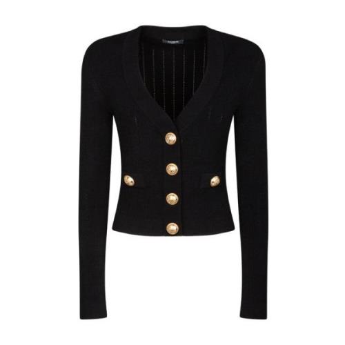 Balmain Svart Kort Cardigan med Guld Knappar Black, Dam