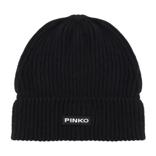 Pinko Svart Ull Beanie Mössa Logo Black, Dam