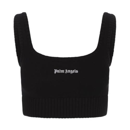 Palm Angels Svart Ärmlös Crop Top Logo Broderi Black, Dam