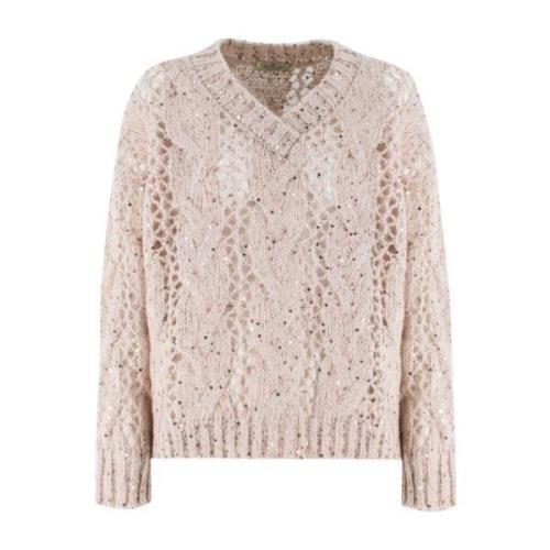 Panicale Elegant Sequin V-Neck Sweater Beige, Dam