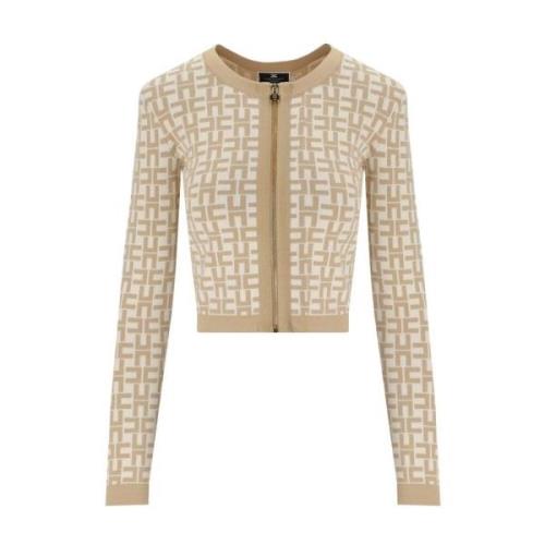 Elisabetta Franchi Monogram Jacquard Kort Cardigan Beige, Dam