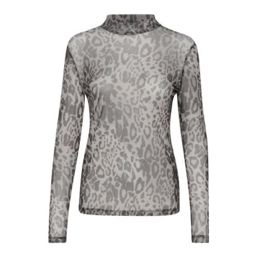 Kaffe Leopard Mesh Långärmad Topp Gray, Dam