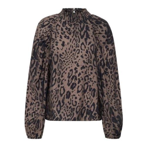 Kaffe Leopardmönstrad Blus Topp Brown, Dam