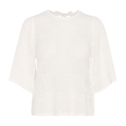 Kaffe Stickad blus med broderat mönster White, Dam