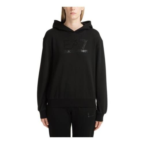 Emporio Armani EA7 Enfärgad Logo Rhinestone Hoodie Black, Dam