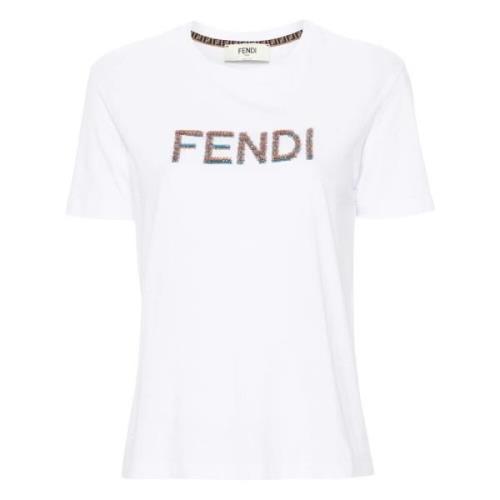 Fendi Paljettbroderad Crew Neck T-shirt White, Dam