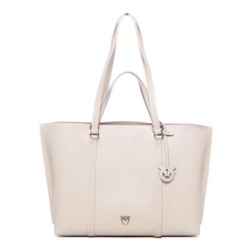 Pinko Kräm läder shopper väska med charm Beige, Dam