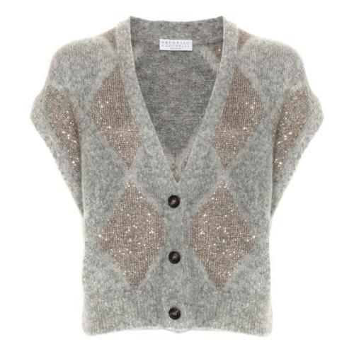 Brunello Cucinelli Pico Neck Cardigan Vest Gray, Dam