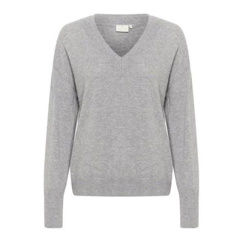 Kaffe Grå Melange V-Ringad Pullover Tröja Gray, Dam