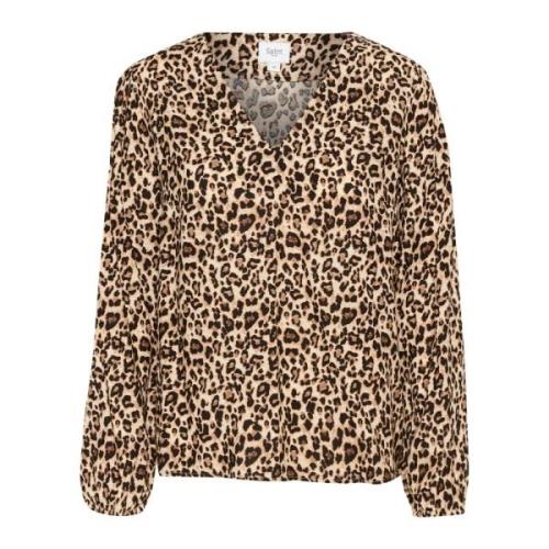 Saint Tropez Leopardmönstrad V-Ringad Blus Brown, Dam