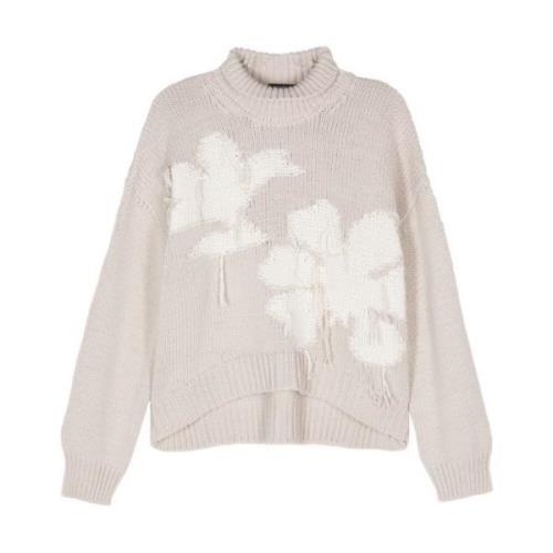 Dondup Chunky Knit Floral Turtleneck Sweater Beige, Dam