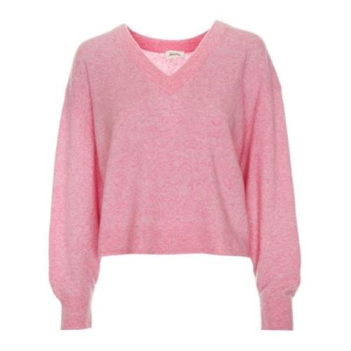 American Vintage Fluffy V-Neck Knit Sweater Pink, Dam