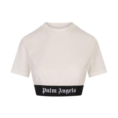 Palm Angels Vit Bomull Crop T-shirt med Logo White, Dam