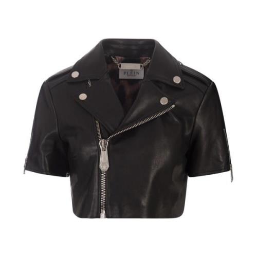 Philipp Plein Svart Cropped Bikerjacka Gotisk Stil Black, Dam