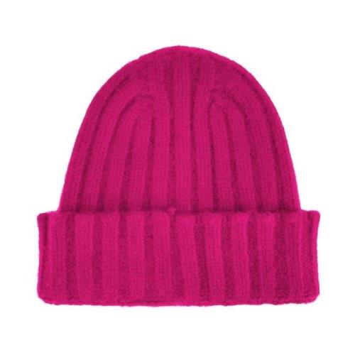 Made in Italia Fuchsia Ribbad Cashmere Beanie Mössa Pink, Dam