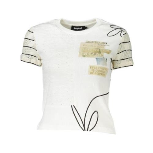 Desigual Elegant vitt tryckt T-shirt med kontrastdetalj White, Dam