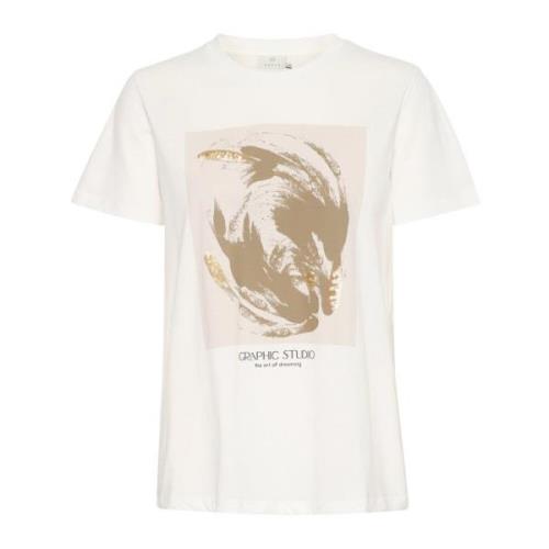 Kaffe Grafiskt Tryck T-Shirt Topp Beige, Dam