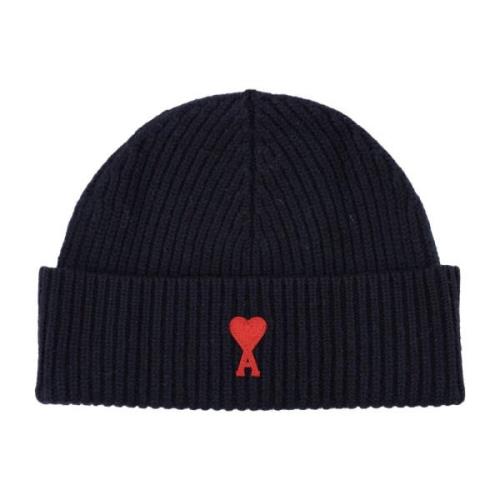 Ami Paris Blå Ull Ribbstickad Beanie Mössa Blue, Herr