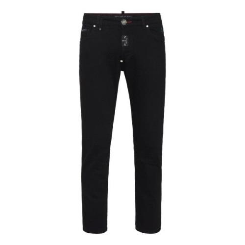 Philipp Plein Svarta Skinny Denim Jeans Nitar Logotyp Black, Herr