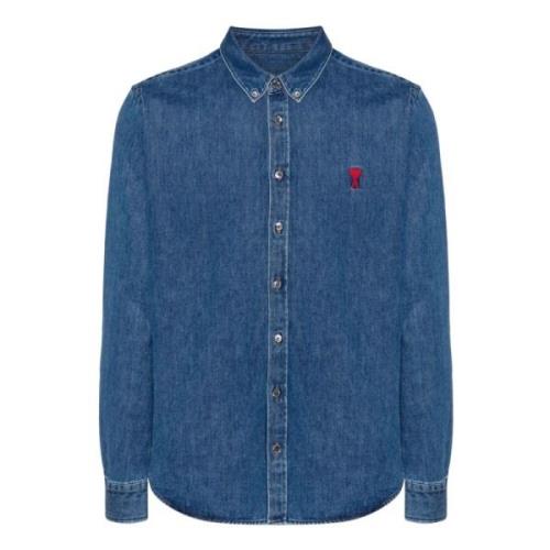 Ami Paris Blå Denim Skjorta med Hjärtmonogram Blue, Herr