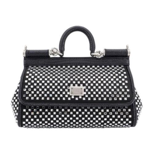 Dolce & Gabbana Rhinestone Satin Handväska med Flap Stängning Black, D...