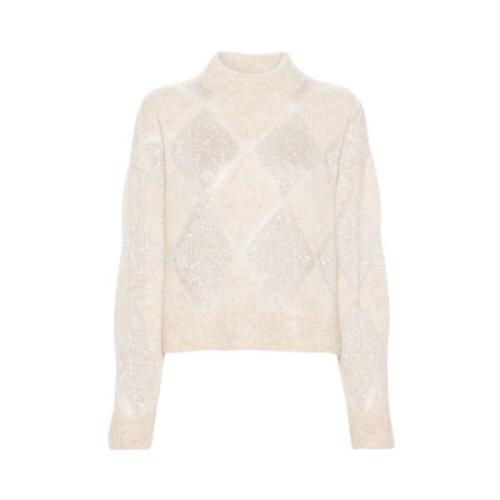 Brunello Cucinelli Paljett Diamant Hög Hals Jumper Beige, Dam