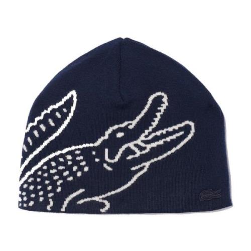 Lacoste Krokodil Broderad Ull Beanie Mössa Blue, Unisex