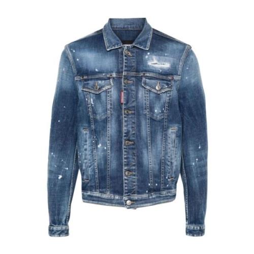 Dsquared2 Denim Distressed Paint Splatter Jacket Blue, Herr