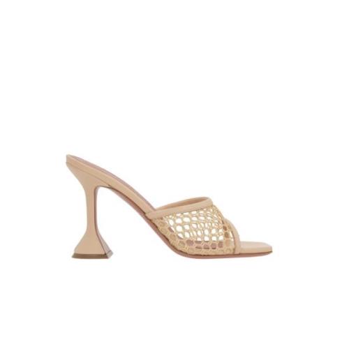 Amina Muaddi Beige Mesh Heeled Mules Sandaler Beige, Dam