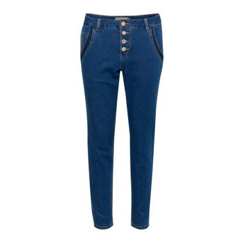 Cream Slim-Fit Cropped Jeans med Smarta Detaljer Blue, Dam