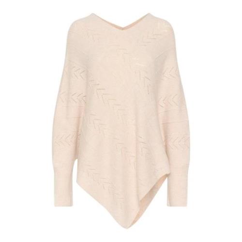 Cream Stickad Poncho med V-Hals och Mönster Beige, Dam