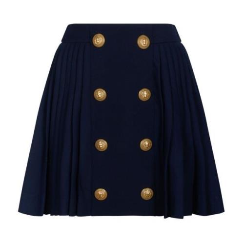 Balmain Navy Blue Wool Pleated Miniskirt Blue, Dam