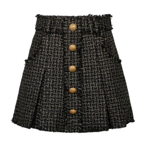 Balmain Svart Guld Tweed Plisserad Minikjol Black, Dam