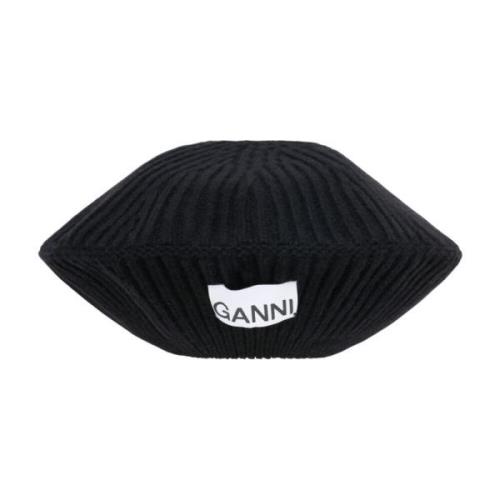 Ganni Räfflad Stickad Svart Beret Black, Dam