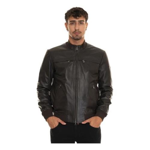 Peuterey Läder Harrington Jacka med Stickade Detaljer Brown, Herr